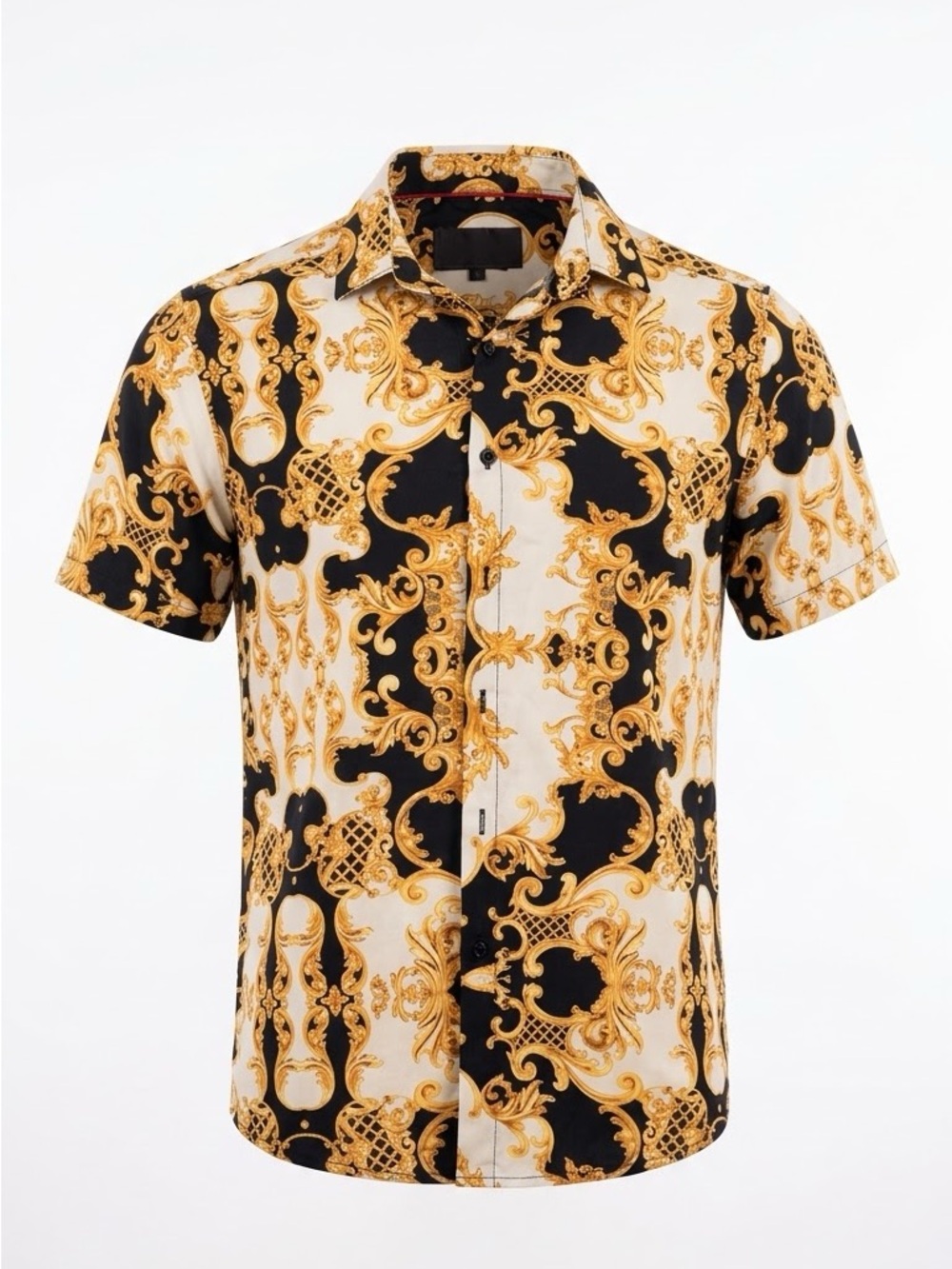 Men's Short-Sleeve Ornate Print Button-Down Shirt in Black, White & Gold